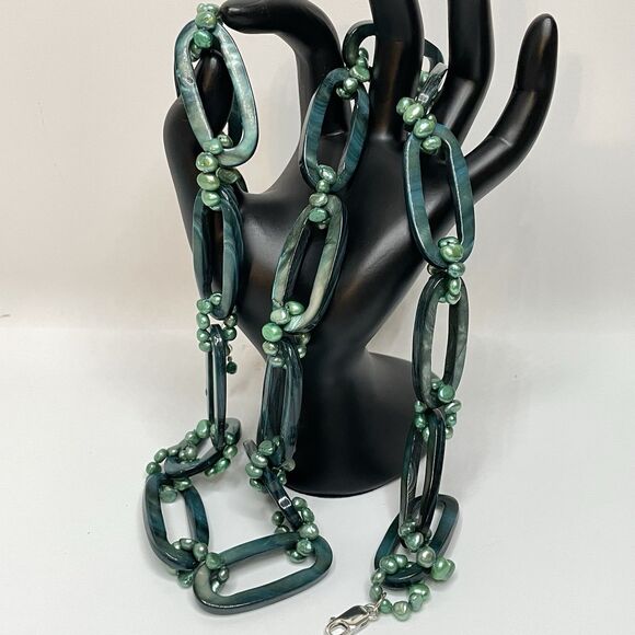 Anthology Rare Vintage Green Mother Of Pearl Shell Chain Necklace Pearls Beaded - Picture 5 of 7
